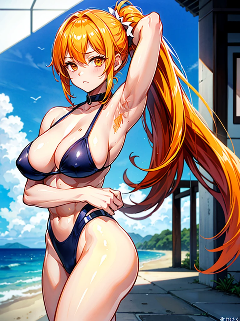 (((masterpiece、Highest image quality、highest quality、highly detailed unity 8kwallpaper)))、((Illustration of one girl))、beautiful girl、((orange hair、side ponytail、sidelocks:1.4、orange eyes))、(((stocky build:1.4, thickset physique:1.6, muscular legs, broad shoulders, solid chest)))、(((orange hairy armpits:1.4)))、(armpit hair:1.4)、swimsuit、sandy beach