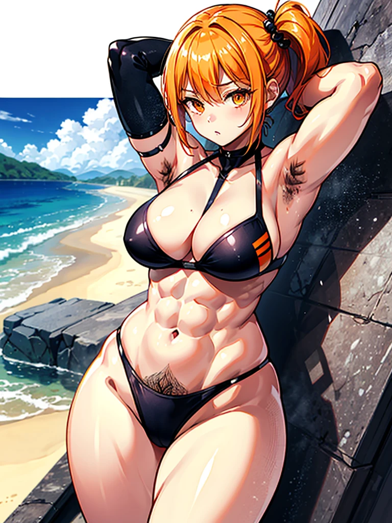(((masterpiece、Highest image quality、highest quality、highly detailed unity 8kwallpaper)))、((Illustration of one girl))、beautiful girl、((orange hair、side ponytail、sidelocks:1.4、orange eyes))、(((stocky build:1.4, thickset physique:1.6, muscular legs, broad shoulders, solid chest)))、(((orange hairy armpits:1.4)))、(armpit hair:1.4)、swimsuit、sandy beach
