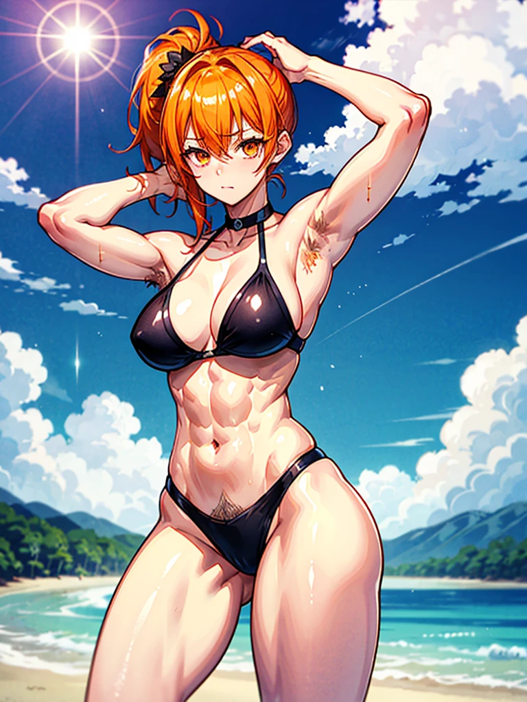 （（（masterpiece、Highest image quality、highest quality、highly detailed unity 8ｋwallpaper）））、（（Illustration of one girl））、beautiful girl、（（orange hair、side ponytail、sidelocks：1.4、orange eyes））、（（（stocky build：1.4, thickset physique：1.6, muscular legs, broad shoulders, solid chest）））、（（（orange hairy armpits：1.4）））、(armpit hair:1.4)、swimsuit、sandy beach