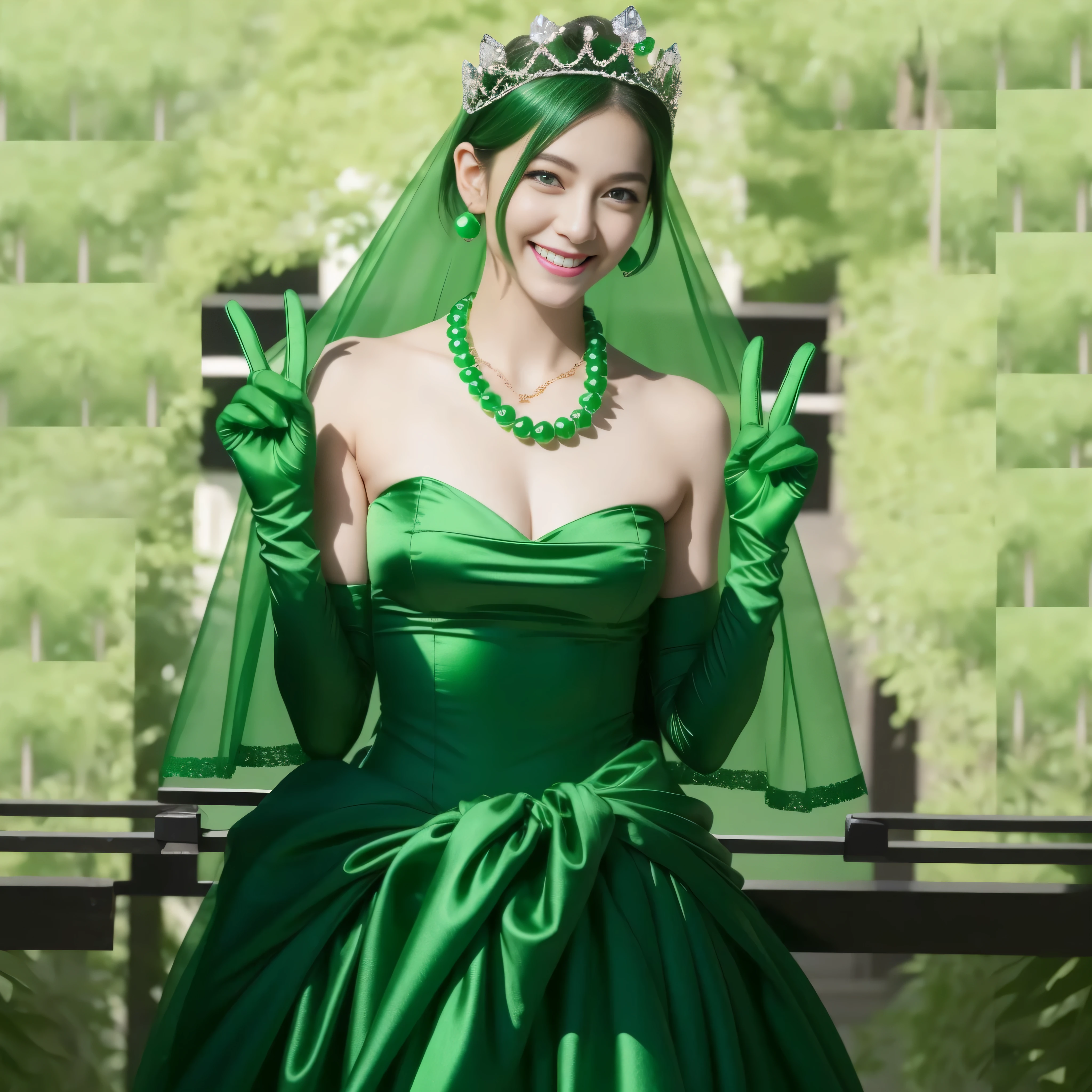 emerald tiara, green pearl necklace, boyish very short green hair, lipstick, smiling Japanese woman, very short hair, big breasts beautiful, green eyes, Long Green Satin Gloves, green eyes, V sign, emerald earrings, green veil