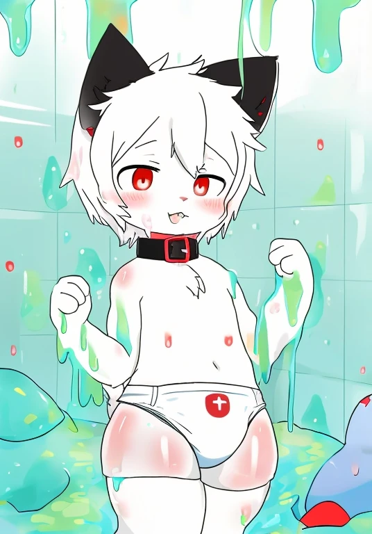 A male white cat wearing a diaper，潜入Random color slimes中，into the slime，（（Thighs covered in random colored mucus）），Random color slimes，collar，red pupils，cat ears，cat nose