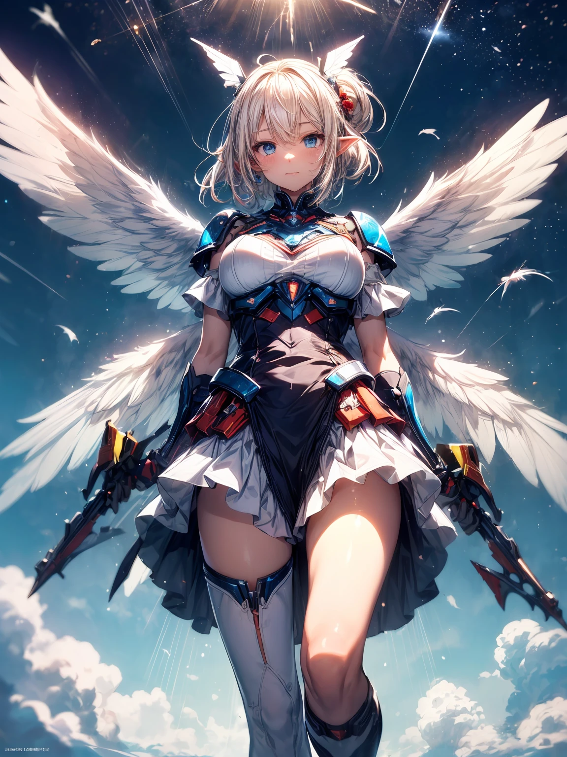 (masterpiece、highest quality, wonderful, very detailedティッカーユニティ、8k wallpaper, Depth of written boundary, Ultra-fine illustration:1.5)、。.。.3D, very detailed, (Full body Esbian、Mecha elf girl:1.3), sci-fi battlefield, Hawken, smile, open your mouth、short ponytail hair, (white blonde hair, deep blue eyes:1.2), sparkling eyes, cute顔, cute, big breasts, delicate hair, messy hair, (((Flying high in the sky))、blue sky, White cloud), shiny hair, shiny skin, (Symmetrical mechanical winetallic colored mechanical wings that are widely expanded to the left and right so that they protrude wonderfully from the screen, bite, white hair ornament), (particles of light, cinematic lighting: 1.3), (pale pink lips: 0.8), by Yusuke Murata.