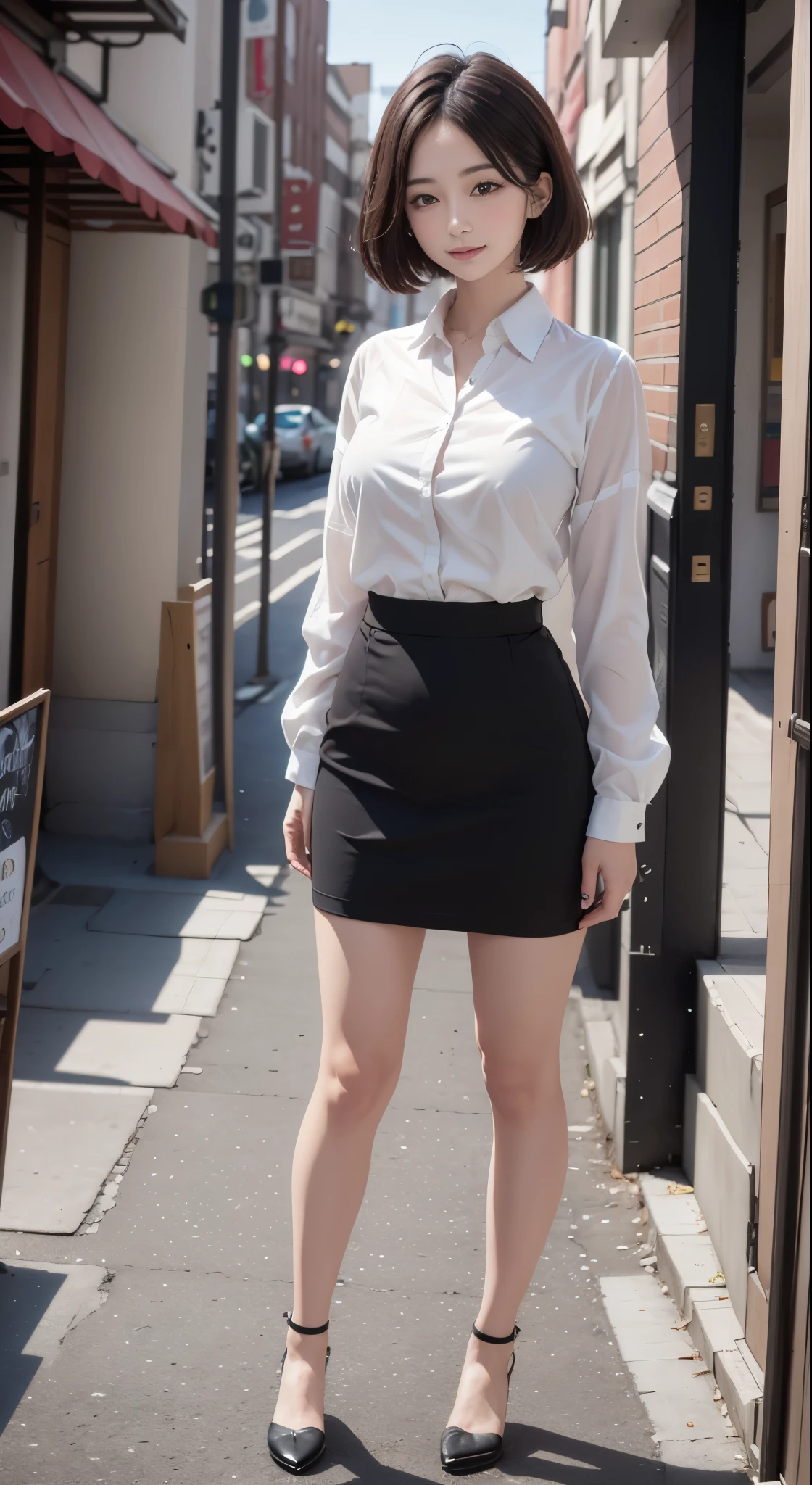 (8K, highest quality, masterpiece:1.2), (software:1.3), (realistic, photo-realistic:1.37),((Random Standing Pose、full body shot))、 Super detailed, 1 girl,cute, alone,beautiful and detailed sky,Detailed cafe,outdoor、date,(blush your nose),(smile:1.1),(closed mouth) medium breasts,beautiful and detailed eyes,(collared shirt:1.1), tie,Slit Tight Skirt,(Random Longhair:1.2),floating hair