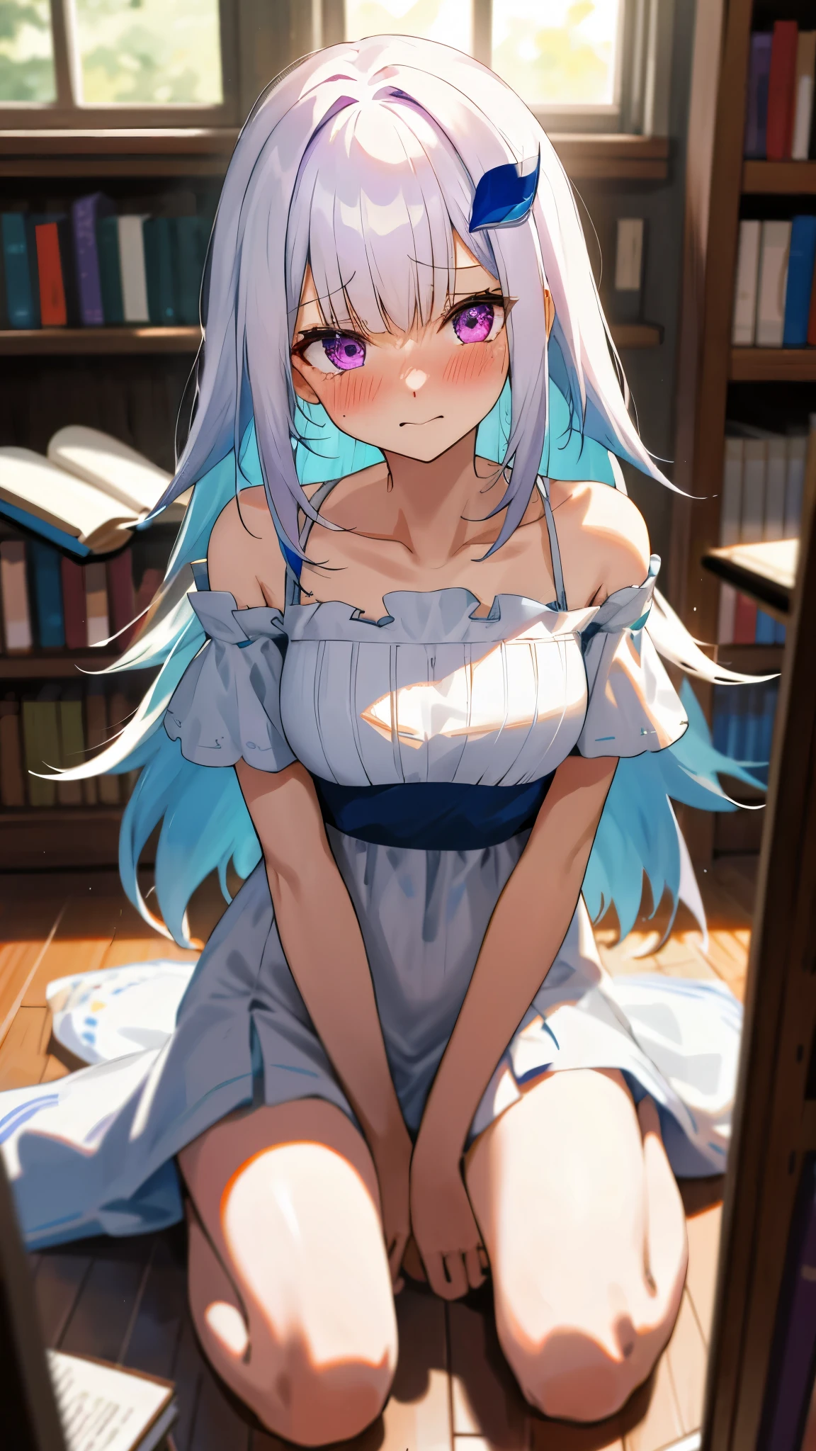 One girl with long hair, bangs, white hair, blue inner hair:1.25) , purple eyes, looking at viewer, blushing, embarrassed, tears, indoor, bookshelf, window, in floor, books spreads, spread legs, kneeling pose, sitting, white dress, bare shoulders, collarbone, short sleeves, bare legs, mid-chest, day atmosphere, hair ornament, medium breasts, focus, blurry background,