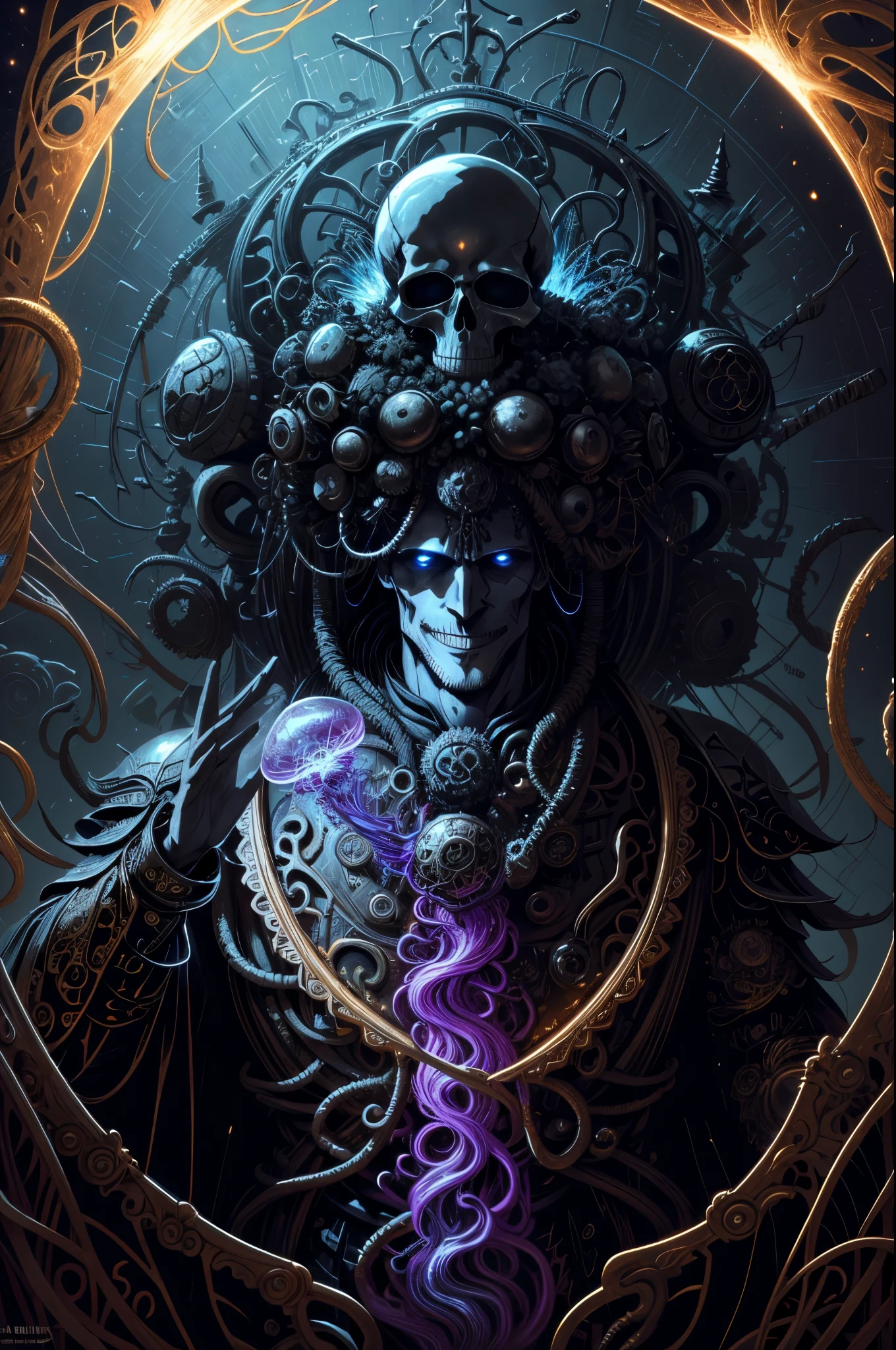 (Masterpiece, best quality :1.3), ultra-detailed, intricate, 8k, HDR, wallpaper, movie lighting, (Universe), gun, (shooting position), glow,Lord of Death Crown， armor, ((manic smile)), red eyes, Mecha, large wings, head close-up (metal skeleton parasitically parasized by a dreamlike transparent jellyfish), An altar of abstractly twisted jellyfish tentacles holds a very large (mysterious skull made of metal), a waterfall of transparent tentacles above the skull, (dark sunglasses, highly reflective lenses, a rainbow around the skull), and an energetic circular composition only illustrates the influence of various structural forces (steampunk decorative elements, cogs, and other elements). Pointer, chain decoration combination,insanely detailed and intricate, hypermaximalist, elegant, ornate, hyper realistic, super detailed