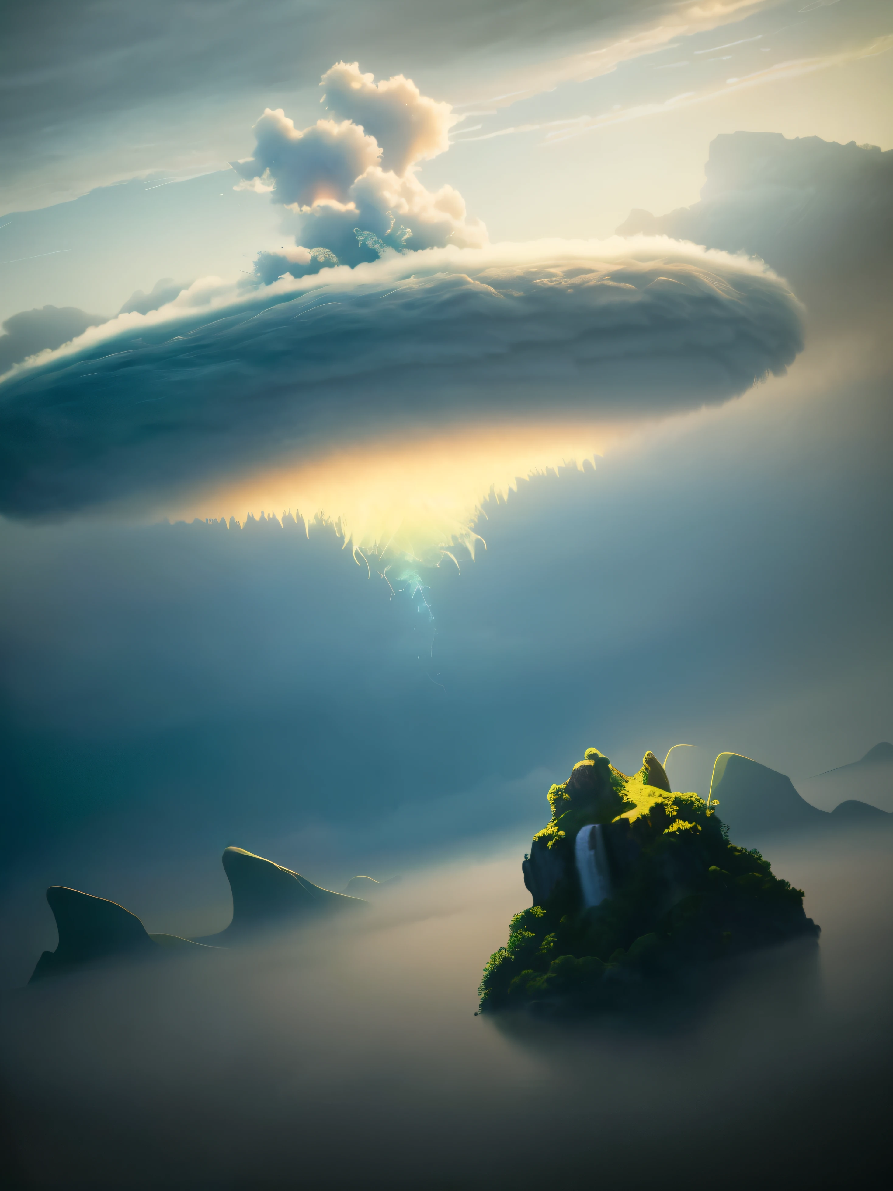 there a very large cloud that floating over the water, an island floating in the air, island floating in the sky, floating island in the sky, flying island in the sky, floating lands in-clouds, alien waterfall, floating island, floating and flying island, emitting spore clouds, epic matte painting of an island, surreal!!!, cloud vortex
