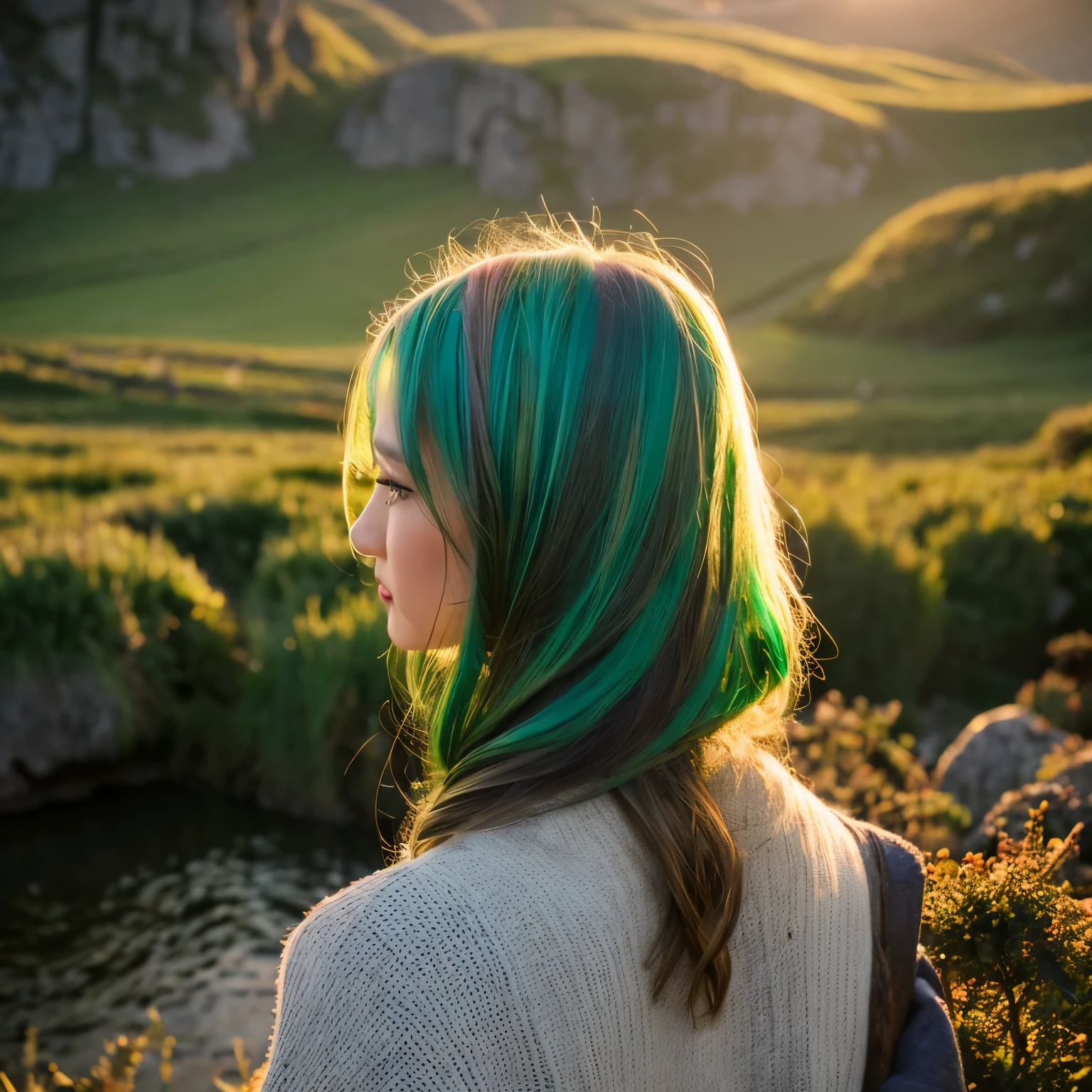 1.5),(1 girl),(dynamische Pose),(multicoloRote Haare+silbernes Haar:1.3+Rote Haare:1.2+Lila Haare+gelbes Haar:1.3+green hair:1.3),(blaue Augen),(Halsband),(schwebend),(Wolke),(zu viele Tropfen Wasser),(dusk),(Aquarell),(Weitwinkelaufnahme)