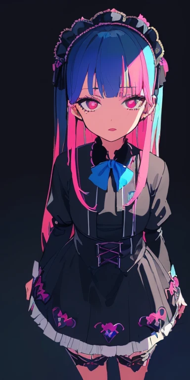 baby face, (colorful fluorescence multicolored  hair:1.5,straight hair:1.5), (masterpiece, sidelights, exquisite beautiful eyes: 1.5), masterpiece*portrait, realistic, ((dark horror background:1.5)),(low tension girl:1.5),colorful,3D face,(beautiful face),front view: 1.6、 (glowing red eyes:1.2),(tareme:1.5)、(dark face:1.2),(blue lip rouge:1.2))、blue lip rouge,Slim Body, shiny hair, shiny skin: 1.5、medium breasts,、solo,(stand)、(gothic lolita dress:1.5)、(charactor focus:1.5、portlate、eye focus,cowboy shot)、dark、