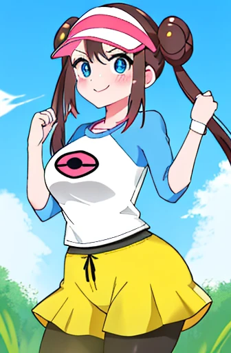 masterpiece、highest quality、high resolution、ro1、bun hair、blue eyes、twin tails、visor cap、pantyhose、raglan sleeve、Yellow shorts、shirt、pink ribbon、watch、Are standing、cowboy shot、field、smile、women stink、Attack with farts、embarrassing、big breasts