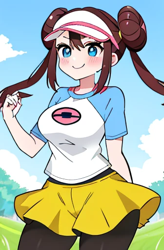 masterpiece、highest quality、high resolution、ro1、bun hair、blue eyes、twin tails、visor cap、pantyhose、raglan sleeve、Yellow shorts、shirt、pink ribbon、watch、Are standing、cowboy shot、field、smile、women stink、Attack with farts、embarrassing、big breasts