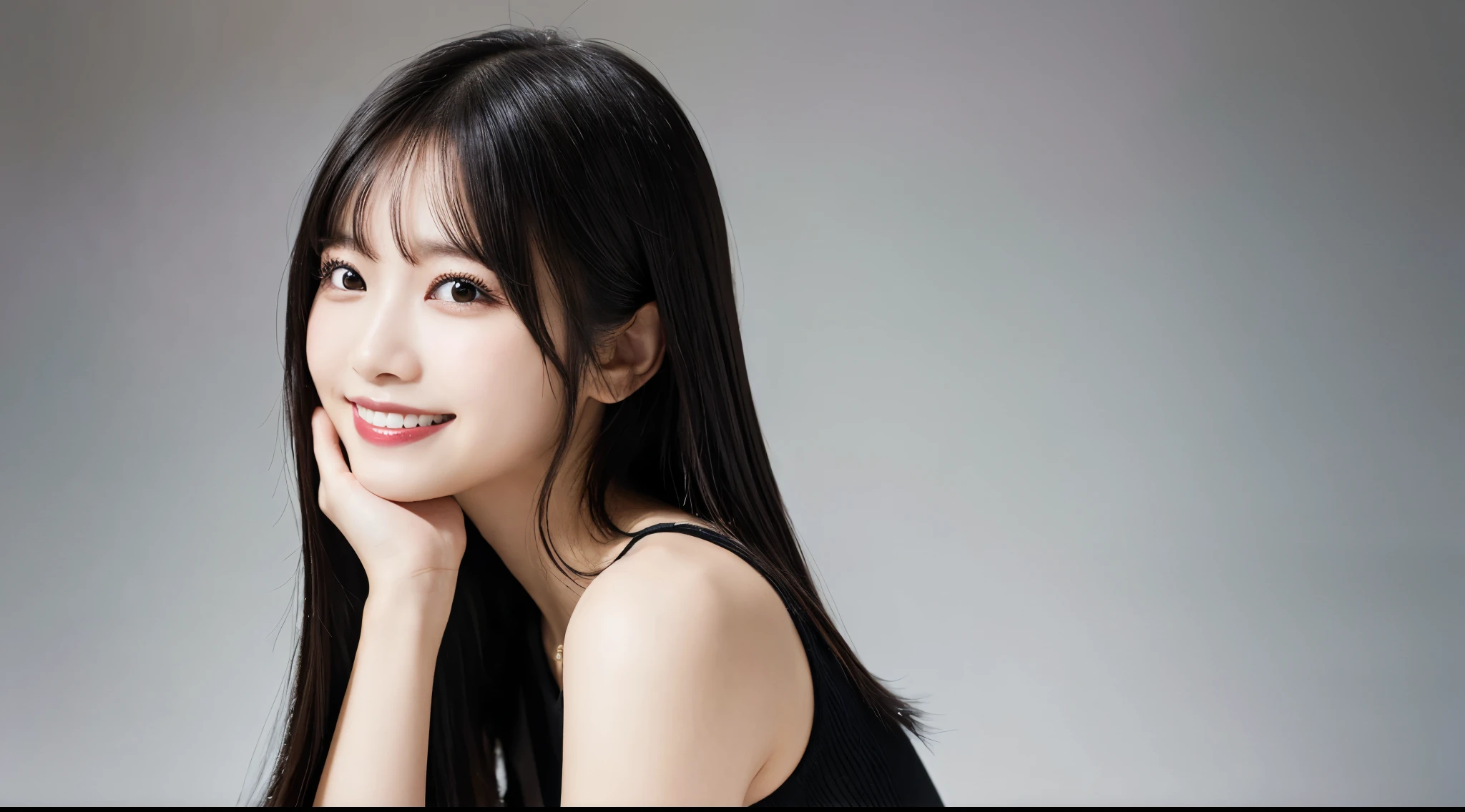((looking away)), Masterpiece, (Full Body Portrait), (Toothy Smile), long Hair, Female, Out of Eyes, Upper Body, Black Hair, Asian, Black Eyes, Bobbed Hair, Non-cropped Head Angle, 4K, High Quality Image, Detail, Sharp Focus
