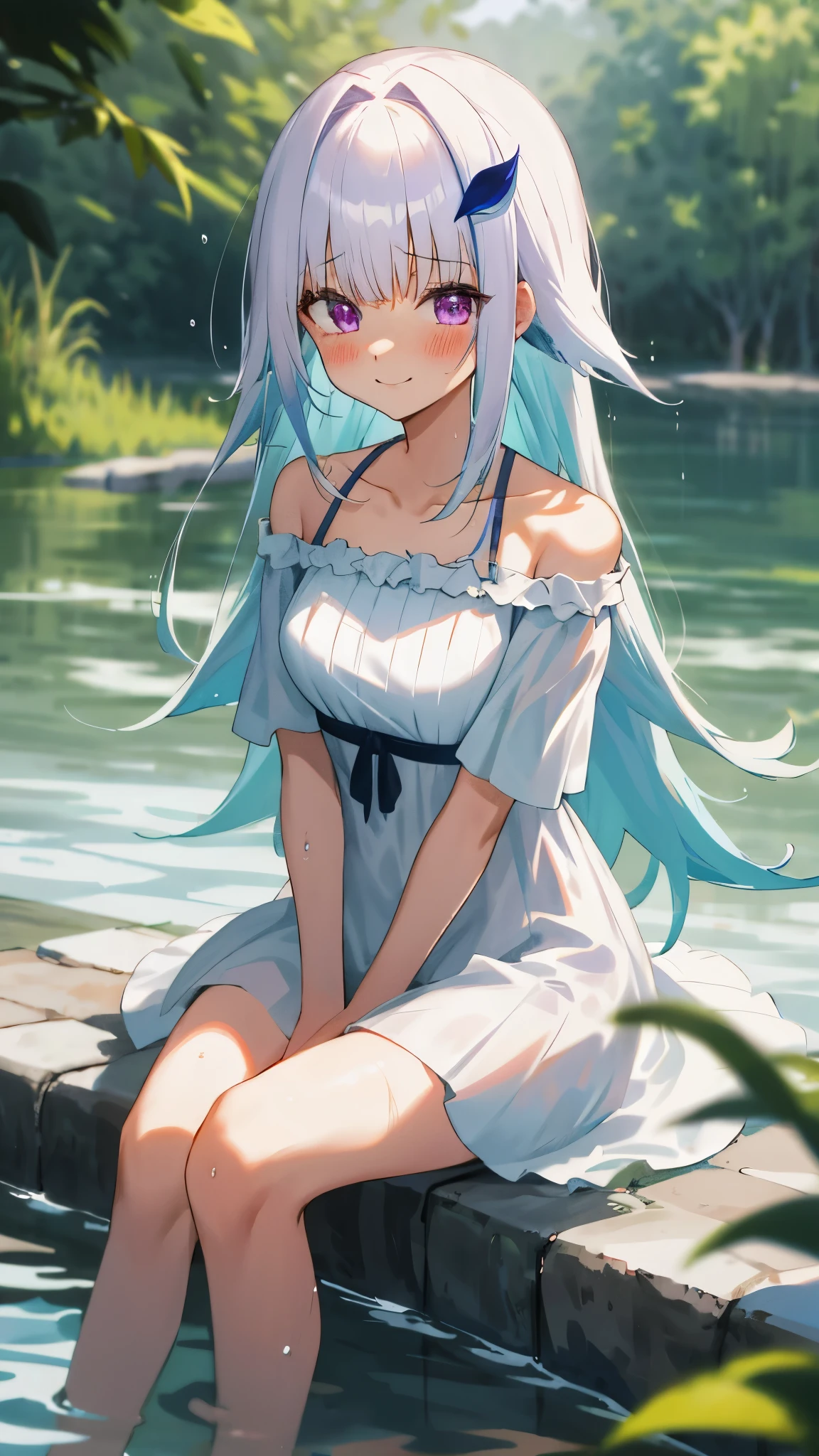 One girl with long hair, bangs, white hair, blue inner hair:1.25) , purple eyes, looking at viewer, blushing, tears, little smile, outdoor, wet, sit and soak in the water, sitting, white dress, bare shoulders, collarbone, short sleeves, bare legs, mid-chest, day atmosphere, hair ornament, medium breasts, focus, blurry background, 