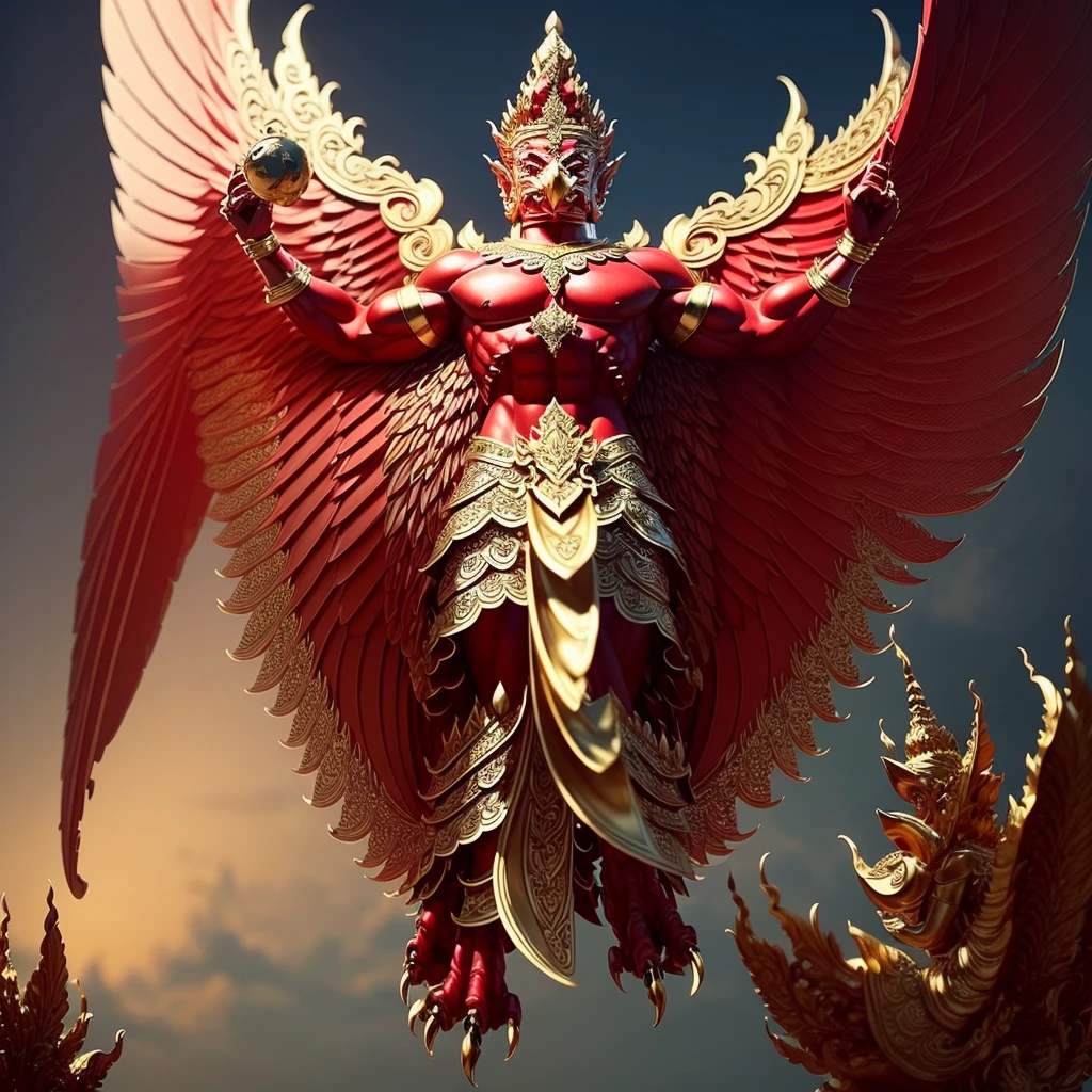 (Garuda 1) Red eyes, muscular body. Best anatomy: Red-skinned Garuda. Red-haired Garuda. Large, outstretched, red-winged Garuda. perfect wingspan Wear jewelry made from gold with Thai patterns. Gold jewelry decorated with diamonds on Garuda's head Wearing Thai cloth pants, Thai silk, red Thai pattern. Hands on hands and legs look like perfect birds. Hands, legs, feet are perfect. Stand on the ground, look straight, stand fully. The skin is the most detailed. The skin is red. The fur is the most detailed red. Red eyes, best detail The best anatomical details, details, cloth, accessories, Thai warrior armor. Best Metal Details Best Weapons Best Weapon Details (Special details Masterpiece quality Realistic Photos(Ultimate Realistic Photos 8k,16k,32k) Maximum realism and best lighting details. Best light quality, best shadows World class photography studio (Best close-up view)(The backdrop of the Thai temple castle is extinguished with gold, silver, emeralds, diamonds, perfect. The background is the sky, clouds, and fog. It feels natural and realistic.)