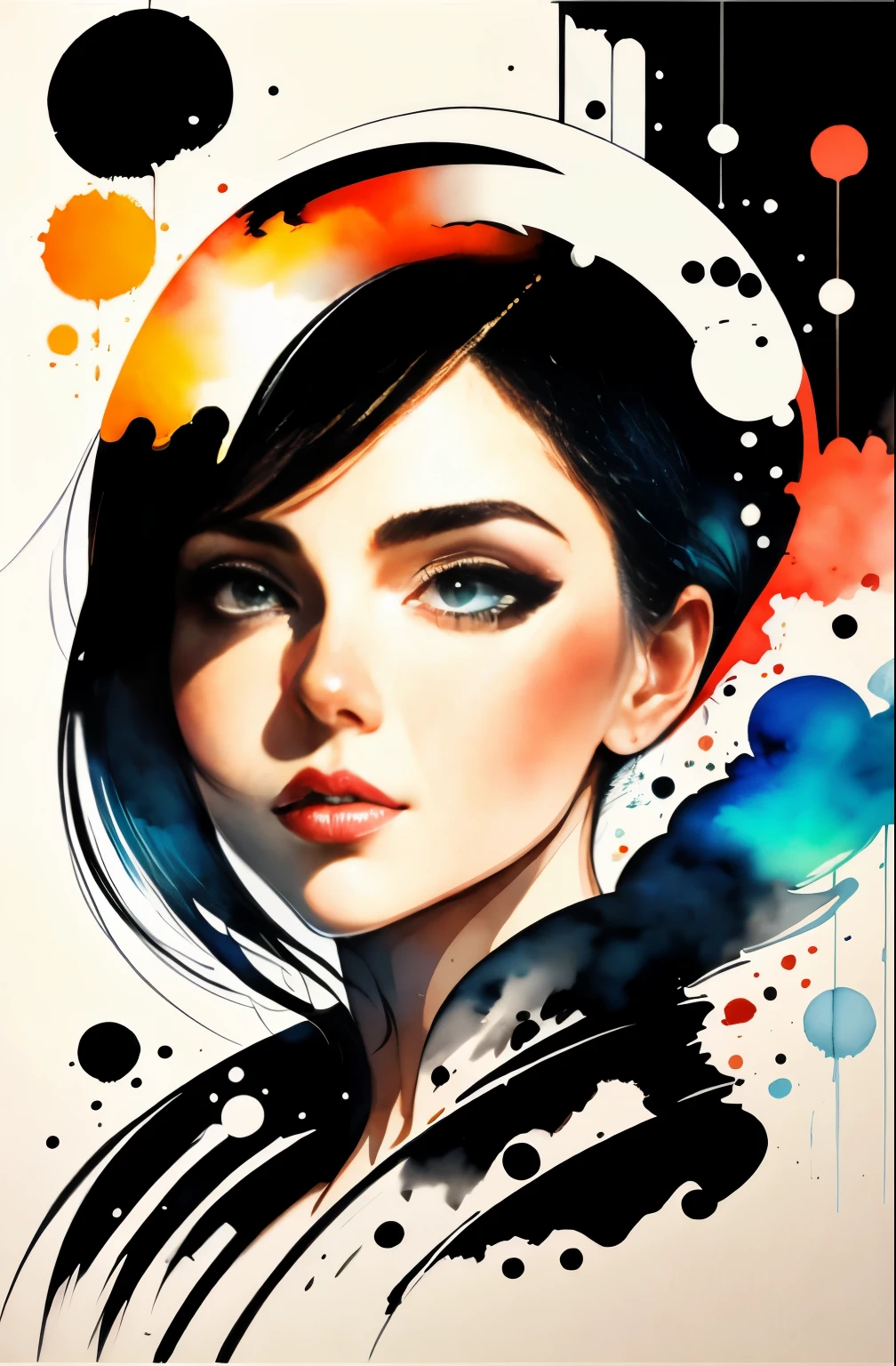 black and white drawing of a woman with a face, Sylvia Pelissero watercolors, tumbler, abstract art, Intense watercolor painting, watercolor detailed art, watercolor splash, surreal, Avant-garde pop art, Beautiful and expressive painting, Beautiful artwork illustration, very colorful tones, Fantastic, cool beauty, highest quality,official art, women only, sharp outline, best shot, vector art