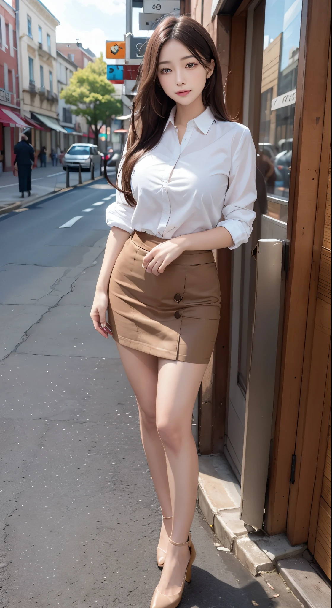 (8K, highest quality, masterpiece:1.2), (software:1.3), (realistic, photo-realistic:1.37),((Random Standing Pose、full body shot))、 Super detailed, 1 girl,cute, alone,beautiful and detailed sky,Detailed cafe,outdoor、date,(blush your nose),(smile:1.1),(closed mouth) medium breasts,beautiful and detailed eyes,(collared shirt:1.1), tie,Slit Tight Skirt,(Random Longhair:1.2),floating hair