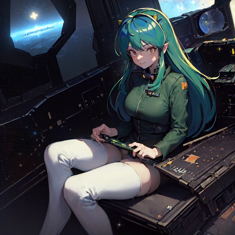 16k,(masterpiece:2),(best quality:2),(realistic),((ultra detailed)),(cinema lighting),(upper body), 2-tone green color long hair, a matured female,(large breasts),(a pilot of a space fighter:2),(((((sitting and manipulating the control stick by hands)))),((in white spacesuit)),,(smile),lum,lumlum,horns,,(((in the cockpit of a space fighter))),((((looking forward))),BREAK,(many star lights and the outer space out of the cockpit),