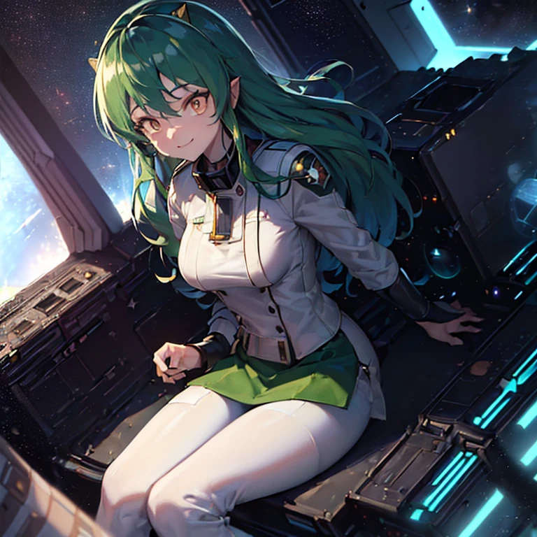 16k,(masterpiece:2),(best quality:2),(realistic),((ultra detailed)),(cinema lighting),(upper body), 2-tone green color long hair, a matured female,(large breasts),(a pilot of a space fighter:2),(((((sitting and manipulating the control stick by hands)))),((in white spacesuit)),,(smile),lum,lumlum,horns,,(((in the cockpit of a space fighter))),((((looking forward))),BREAK,(many star lights and the outer space out of the cockpit),