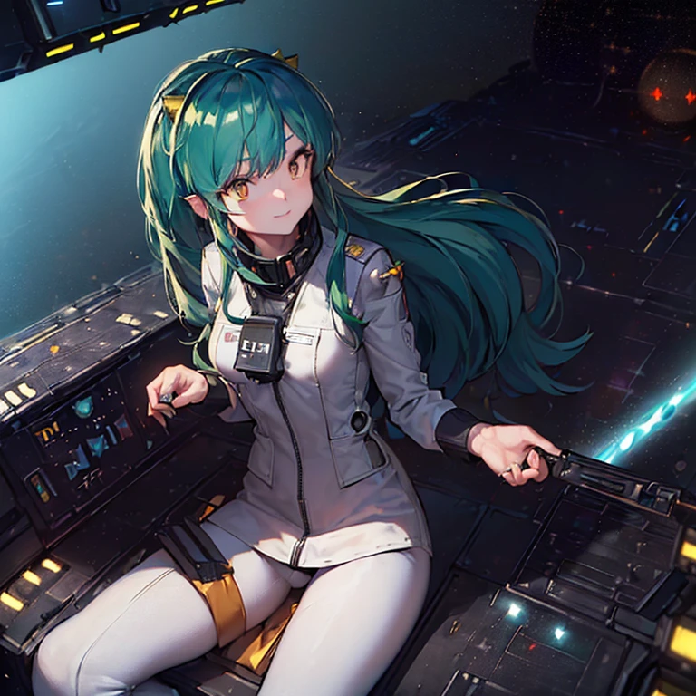 16k,(masterpiece:2),(best quality:2),(realistic),((ultra detailed)),(cinema lighting),(upper body), 2-tone green color long hair, a matured female,(large breasts),(a pilot of a space fighter:2),(((((sitting and manipulating the control stick by hands)))),((in white spacesuit)),,(smile),lum,lumlum,horns,,(((in the cockpit of a space fighter))),((((looking forward))),BREAK,(many star lights and the outer space out of the cockpit),