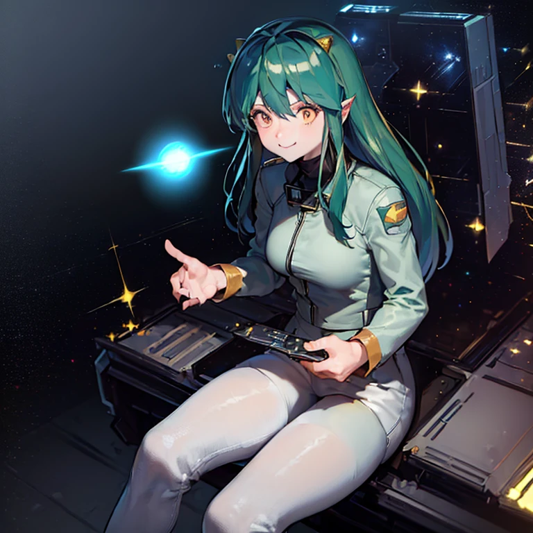 16k,(masterpiece:2),(best quality:2),(realistic),((ultra detailed)),(cinema lighting),(upper body), 2-tone green color long hair, a matured female,(large breasts),(a pilot of a space fighter:2),(((((sitting and manipulating the control stick by hands)))),((in white spacesuit)),,(smile),lum,lumlum,horns,,(((in the cockpit of a space fighter))),((((looking forward))),BREAK,(many star lights and the outer space out of the cockpit),