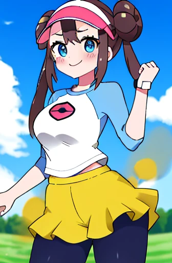 masterpiece、highest quality、high resolution、ro1、bun hair、blue eyes、twin tails、visor cap、pantyhose、raglan sleeve、Yellow shorts、shirt、pink ribbon、watch、Are standing、cowboy shot、field、smile、women stink、Attack with farts、embarrassing、big breasts