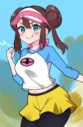 masterpiece、highest quality、high resolution、ro1、bun hair、blue eyes、twin tails、visor cap、pantyhose、raglan sleeve、Yellow shorts、shirt、pink ribbon、watch、Are standing、cowboy shot、field、smile、women stink、Attack with farts、embarrassing、big breasts、My stomach is growling