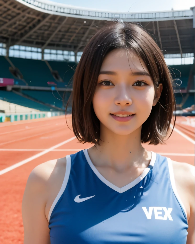 (solo), (a detailed full body RAW photo of a girl), (masterpiece:1.0), (best quality:1.4), (ultra highres:1.2), (photorealistic:1.4), 8k resolution, Canon EOS R5, 50mm, absurdres, ultra detailed, (22yo), sharp focus, cinematic lighting, detailed beautiful face, (no make up:1.2), (ulzzang-6500-v1.1), petite figure, detailed skin texture, pale skin, flat chest, (skinny and fit body:1.6), thigh gap, detailed brown hair,  sweltering,(very short hair:1.5), smiling, (very small and simple and blue nike athletic uniform for competition:1.5), realistic glistening skin, (sweating:1.45), slim waist, seductive smile,play sport, (protruding nipples:1.8), (showing camel toe:1.5), (feet without stockings:1.3), (athlete), (athletic feald), (matte textured fabric)