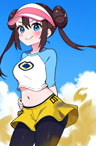 masterpiece, highest quality, High resolution, b1, bun hair,brown hair, blue eyes, twin tails, visor cap, black pantyhose, raglan sleeves, yellow shorts, shirt, pink ribbon, watch, Are standing, cowboy shot, field, monster Ball \(Basic\), Grinning smile、(rosa_Pokemon)、(((thighsの下からのアングル)))、facesitting、thighonster Ballを手に持っています、(((open your legs)))、