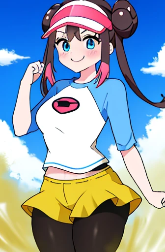 masterpiece、highest quality、high resolution、ro1、bun hair、blue eyes、twin tails、visor cap、pantyhose、raglan sleeve、Yellow shorts、shirt、pink ribbon、watch、Are standing、cowboy shot、field、smile、women stink、Attack with farts、embarrassing、big breasts、My stomach is growling
