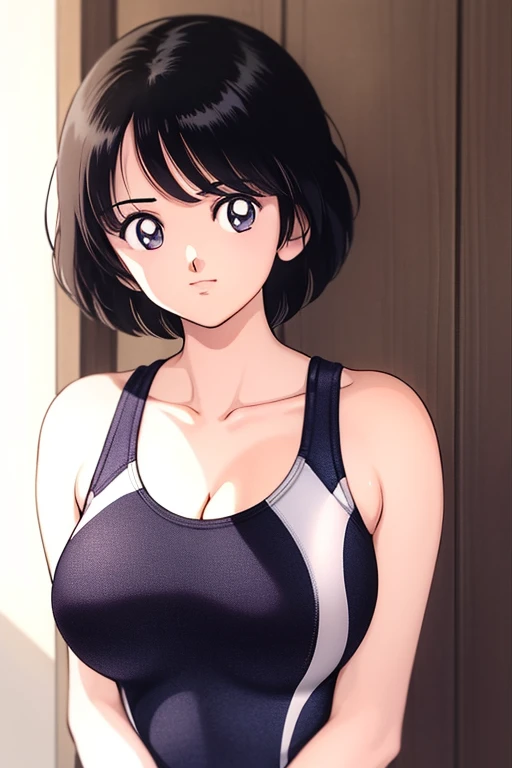 1girl, haruka, black hair, short hair, bangs, looking at viewer, medium breast, cleavage, (seiza), slender, upper body, (clothes pull, competition swimsuit), (best quality, masterpiece:1.3), (perfect detailed anatomy, Beauty details eyes, Shiny skin, beautiful breasts and cleavage), 