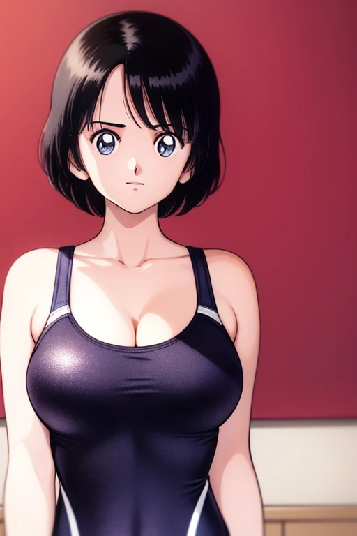 1girl, haruka, black hair, short hair, bangs, looking at viewer, medium breast, cleavage, (seiza), slender, upper body, (clothes pull, competition swimsuit), (best quality, masterpiece:1.3), (perfect detailed anatomy, Beauty details eyes, Shiny skin, beautiful breasts and cleavage), 