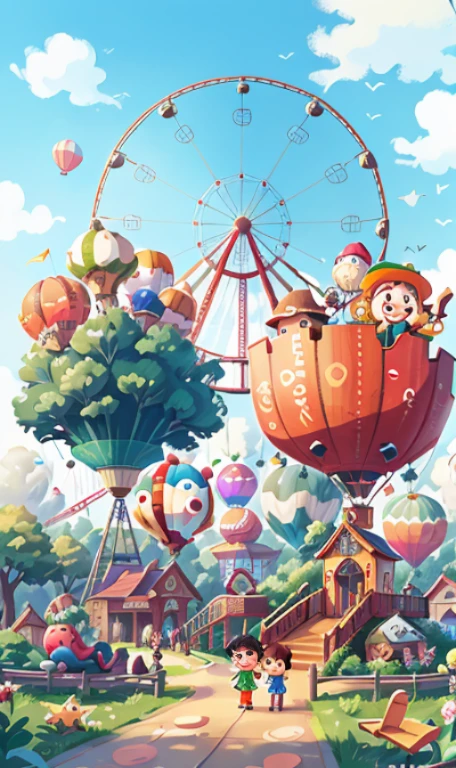 Ferris wheel, roller coaster, carousel, Lots of air balloons, playground, seaside, green, people々comes and goes, happily、There are many hats flying in the sky