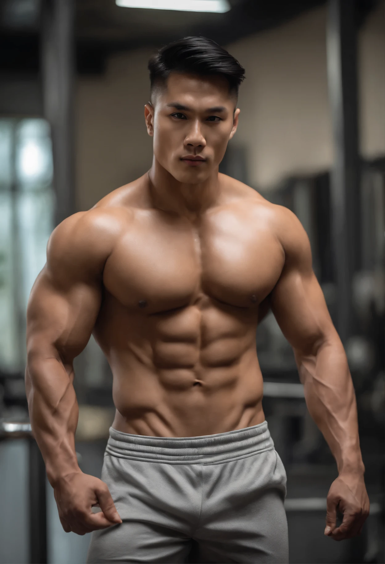 Asian male bodybuilder king Handsome male male model with big muscles, naked, big, long, cum-filled cock visible. Sexy, short white hair, tan skin, sweaty shoulders, tired body Lying down, posing naked, bare feet. Model's full body is visible. Wide perspective, sharp, realistic image.