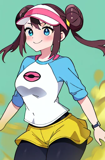 masterpiece、highest quality、high resolution、ro1、bun hair、blue eyes、twin tails、visor cap、pantyhose、raglan sleeve、Yellow shorts、shirt、pink ribbon、watch、Are standing、cowboy shot、field、smile、women stink、Attack with farts、embarrassing、big breasts、My stomach is growling