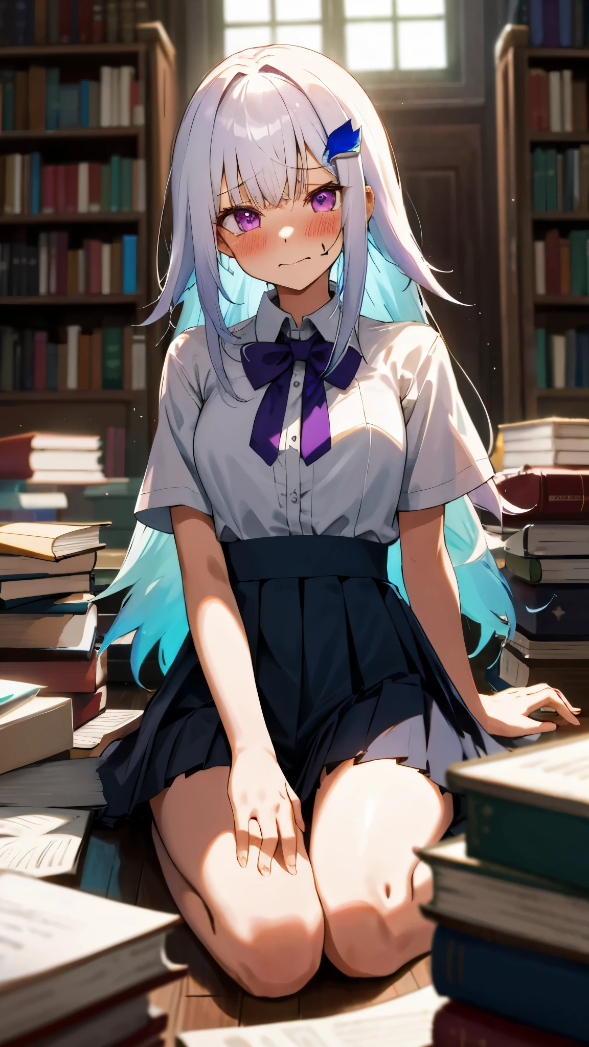 One girl with long hair, bangs, white hair, blue inner hair:1.25) , purple eyes, looking at viewer, blushing, embarrassed, tears, open mouth, indoor, bookshelf, window, in floor, books spreads, spread legs, kneeling pose, sitting, white shirt, bowtie, pleated skirt, short sleeves, bare legs, mid-chest, day atmosphere, hair ornament, medium breasts, focus, blurry background, 