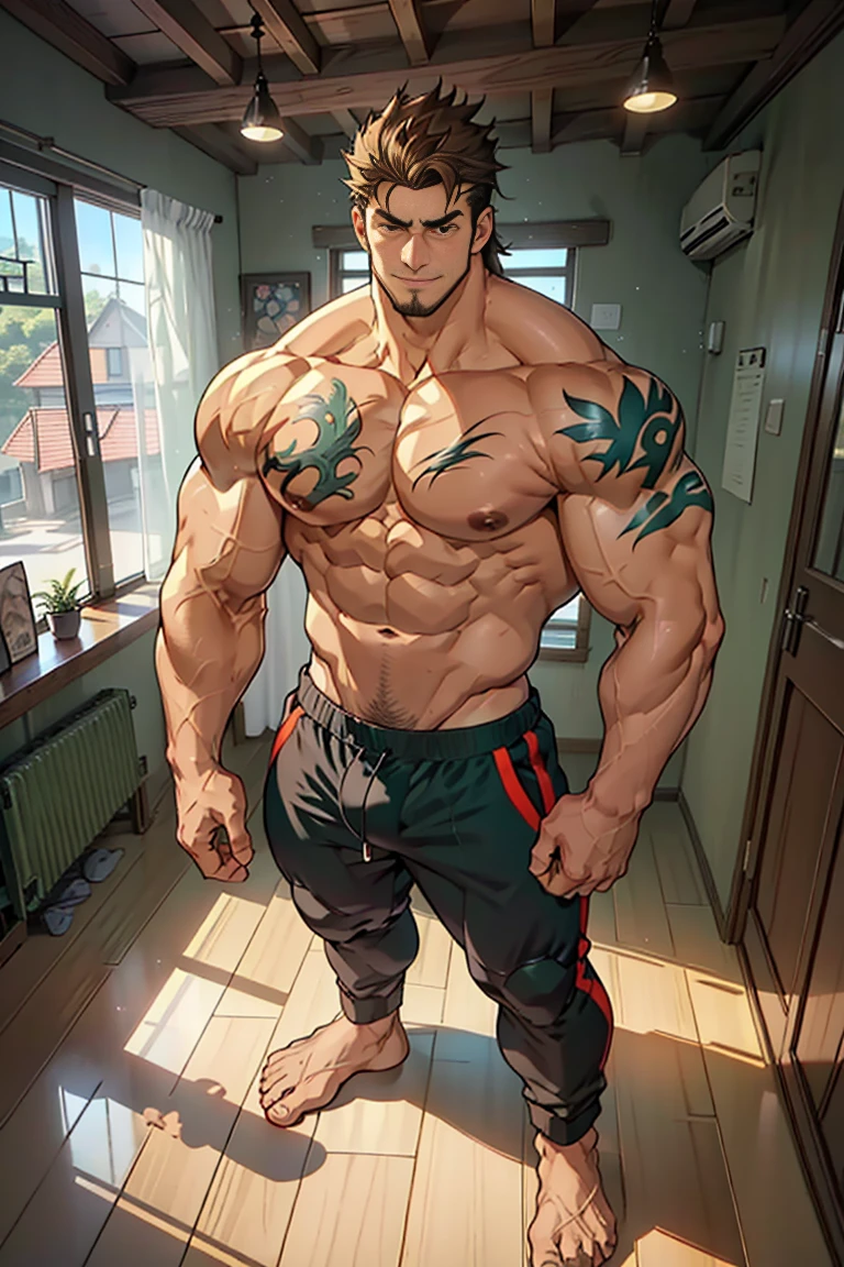 (shoeless),show off thick arms to the audience,(Dark green tattoo on arm),(beardless),(Top-down view),(Side to audience) ,(Put your hands at your waist), (eyes looking at audience) ,(body hair thick),(There a huge protuberance across the part),Side Body,Sense of evil,Sharp eyes,Thick dark brown hair on crotch,closeup of arms,((The camera zooms in)),((The audience blocked by the protagonist in a corner and the perspective slightly lower.)),(A perspective looking up from the protagonist),(crotch),(Shoulders exposed),(Stout arms),Shoulders very broad,Muscles protrude a lot,Bulging crotch,(Long and explosive legtremely tall height),Highest image quality,Child,Anime ,anime wallpaper,Dilation of the pectoral muscles,Espalhe as pernas,sexy,(master part, best quality),((Exaggerated bulge of muscles)),The protagonist very tall and his head almost reaches the ceiling.,The background in an interior with vintage furniture and vintage wooden floor surrounding,Lush woods outside the window,musclebound and hulking, muscular characters, super buff and cool, tall and muscular, muscular!!, very buff, muscular attractive men, massive muscles, big muscle, Muscular men, anime handsome men, muscular!, gigachad muscles, muscular bodies, muscular character,(Giant arm),(macropodia)