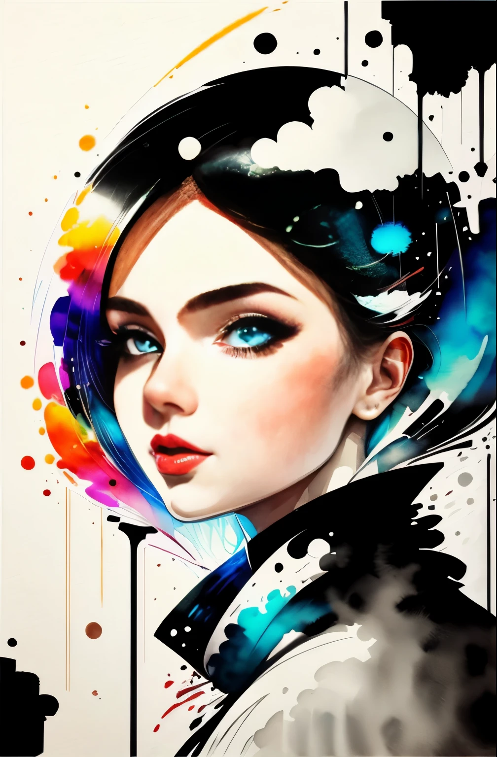 black and white drawing of a woman with a face, Sylvia Pelissero watercolors, tumbler, abstract art, Intense watercolor painting, watercolor detailed art, watercolor splash, surreal, Avant-garde pop art, Beautiful and expressive painting, Beautiful artwork illustration, very colorful tones, Fantastic, cool beauty, highest quality,official art, women only, sharp outline, best shot, vector art