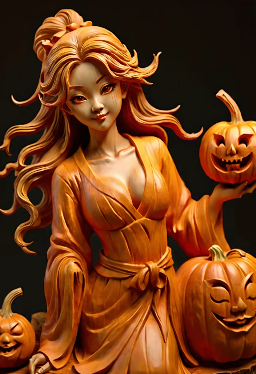 Pumpkin Carving art, a lady with long messy hair, tight skirt, nose blush, smooth surface, rimming light, Wood grain background, playful illustrations, playful, dreamy imagery, Chinese style, extremely detailed, soft lighting, soft contrast, incredible art, wlop, artstation, artgerm, octane render, (best quality, masterpiece, Representative work, official art, Professional, 8k:1.3)