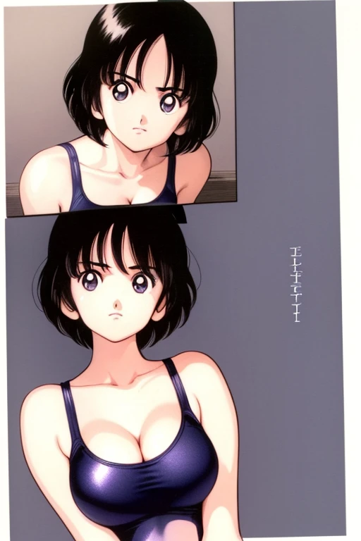 1girl, haruka, black hair, short hair, bangs, looking at viewer, medium , cleavage, (seiza), slender, upper body, (swimsuit pull:1.3, competition swimsuit), (best quality, masterpiece:1.3), (perfect detailed , Beauty details eyes, Shiny skin, beautiful  and cleavage), 