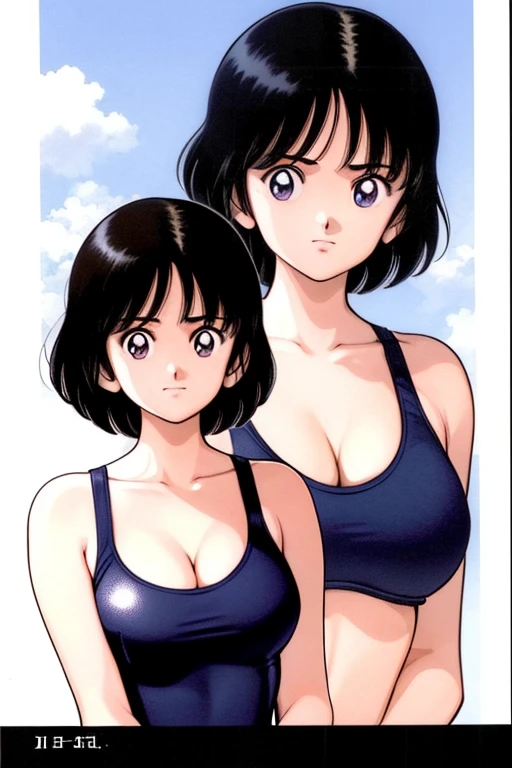 1girl, haruka, black hair, short hair, bangs, looking at viewer, medium breast, cleavage, (seiza), slender, upper body, (swimsuit pull:1.3, competition swimsuit), (best quality, masterpiece:1.3), (perfect detailed anatomy, Beauty details eyes, Shiny skin, beautiful breasts and cleavage), 