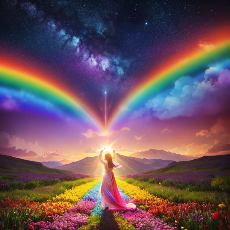 pillar of light from heaven、A woman assimilated with light、pouring light、beautiful fantastic scenery、wrapped in light、surrounded by great love、heal heart wounds、bring joy to life、the most fantastic、spiritual、beautiful pink universe、brilliance of the soul、eternal life、rainbow of seven colors、sacred ritual、shine、born anew、Make a spell、Fantasy at its best、Rainbow Dragon、Beautiful Earth、full of joy