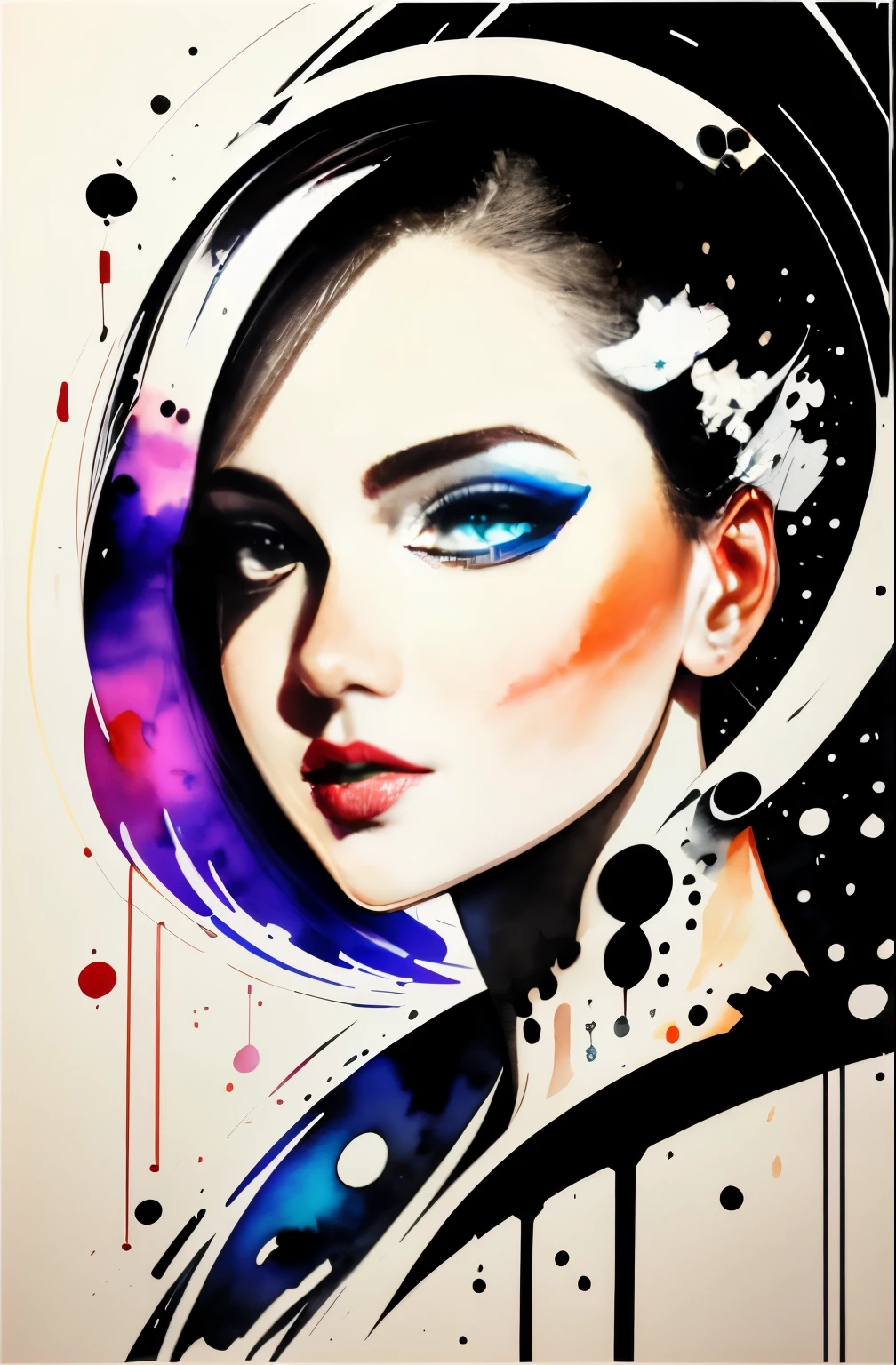 black and white drawing of a woman with a face, Sylvia Pelissero watercolors, tumbler, abstract art, Intense watercolor painting, watercolor detailed art, watercolor splash, surreal, Avant-garde pop art, Beautiful and expressive painting, Beautiful artwork illustration, very colorful tones, Fantastic, cool beauty, highest quality,official art, women only, sharp outline, best shot, vector art