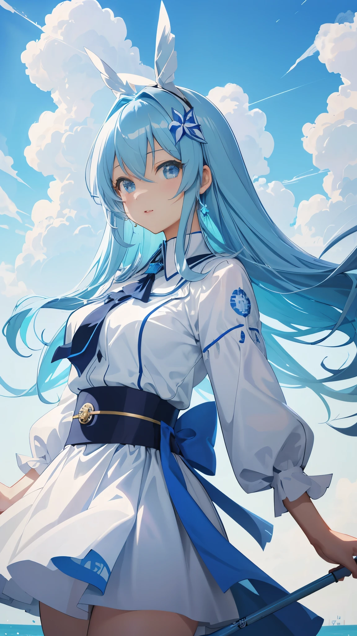 (8K, RAW photo, highest quality, Highly detailed CG Unity 8K wallpaper, masterpiece: 1.2), girl, Beautiful hair in light blue, floating in the sky, Cloud girl, cloud, (close: 1.1), bright, Happy, fun, soft lighting, (bauhaus, shape, line, abstracted: 1.1) cornflower, 細かい目を持つ小さくて美しいgirl, Beautiful hair in light blue, Light blue monochromatic dress, Upper body, The depth of field in the photo was perfect, andレンズフレアは素敵なタッチを追加しました. The fine features of his face really stood out, and、The score of this photo was definitely over 10. in the background, cloudがありました, stunning photo,本当にgirlの美しさとcloudを捉えました. , Accurate depiction of the iris, Look at the audience lovingly,Like a gentle goddess,