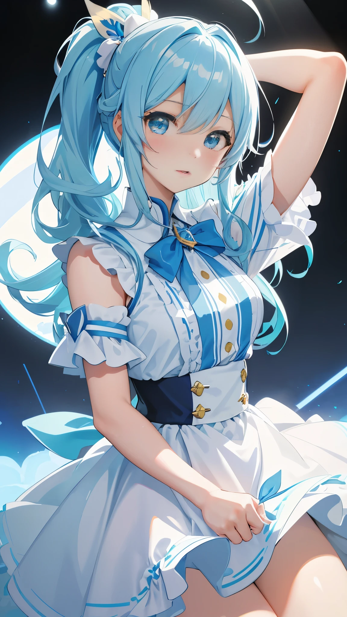 (8K, RAW photo, highest quality, Highly detailed CG Unity 8K wallpaper, masterpiece: 1.2), girl, Beautiful hair in light blue, floating in the sky, Cloud girl, cloud, (close: 1.1), bright, Happy, fun, soft lighting, (bauhaus, shape, line, abstracted: 1.1) cornflower, 細かい目を持つ小さくて美しいgirl, Beautiful hair in light blue, Light blue monochromatic dress, Upper body, The depth of field in the photo was perfect, andレンズフレアは素敵なタッチを追加しました. The fine features of his face really stood out, and、The score of this photo was definitely over 10. in the background, cloudがありました, stunning photo,本当にgirlの美しさとcloudを捉えました. , Accurate depiction of the iris, Look at the audience lovingly,Like a gentle goddess,