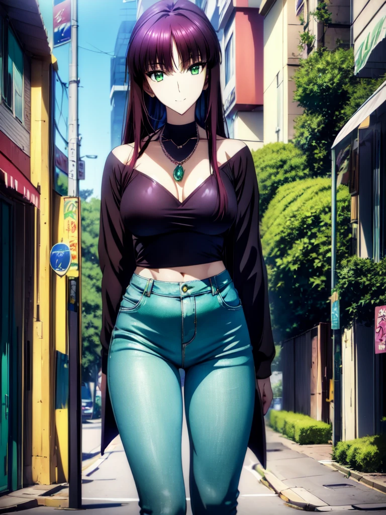 HDR, Super detailedなイラスト, highly detailed face, RAW photo, film grain, Are standing,connect UHD and 8K, 長い赤紫髪と緑の目をしたanime girl,anime moe art style, 若いanime girlの接写, Smooth anime CG art,beautiful anime high school girl, anime moe art style, surreal high school girl, Seductive anime girl, anime girl, 魅力的なanime girl, surreal high school girl, anime girl,8K UHD, High resolution,Very detailed CG, high quality shadows, Detail beautiful delicate face, ディテール美しいdelicate eyes,BREAK is(Highly detailed 8K wallpaper),(Highly detailed CG 8K wallpaper),Makima-san (chainsaw man),Scathach (fate/grand order),Reika Shimohira ,high resolution,Very delicate and beautiful CG illustration,highest quality,realistic skin feel,realistic fabric,realistic texture,(((muste piece))), (((best quality))),8K,At 32K,masterpiece,beautiful attractive anime woman,Super fine,Super detailed,High resolution,surreal high school girl,master piece, best quality, high quality, High freshness, high quality texture, high quality shadow, high detail,fine details,1 girl,high school student,solo,Soio,Only one person,Alone,There is only one person,That kind of thing,Adult-like atmosphere,beautiful long legs,beautiful breasts,beautiful thighs,toned legs,Beautiful leg lines,thin waist,mature body girl,reddish purple hair,reddish purple hair,purple hair,cassis colored hair,silky smooth hair,colorful hair,straight hair,shy smile,A happy smiling face,lively look,cute smile,cool beauty,Beautiful woman,handsome face, beautiful realism,temptation expression,bewitching face,calm expression,beautiful hair,smile,colorful eyes,green eyes,jade eyes,beautiful eyes,bright eyes,delicate eyes,jewel-like eyes,jade eyes,bulging eyes,(green eyes:1.5),captivating face,8 head body,height:171cm,彼女は首にnecklace身に着けています,necklace,beaded necklace,magatama accessories,smile,colorful eyes,green eyes,jade eyes,beautiful eyes,bright eyes,delicate eyes,jewel-like eyes,jade eyes,bulging eyes,(green eyes:1.5),captivating face,model photos,, Tachi-e, high detail, modern art, romanticism, Realism, hyper realism, cinematic lighting, ray trace, Fuji color, bust shot, 8K, super detail, curate, best quality, 16 km race,outdoor,bustling street,black turtleneck,blue pants,jeans,blouson,private server,winter,stroll,walking,cowboy shot,long coat,blue sky