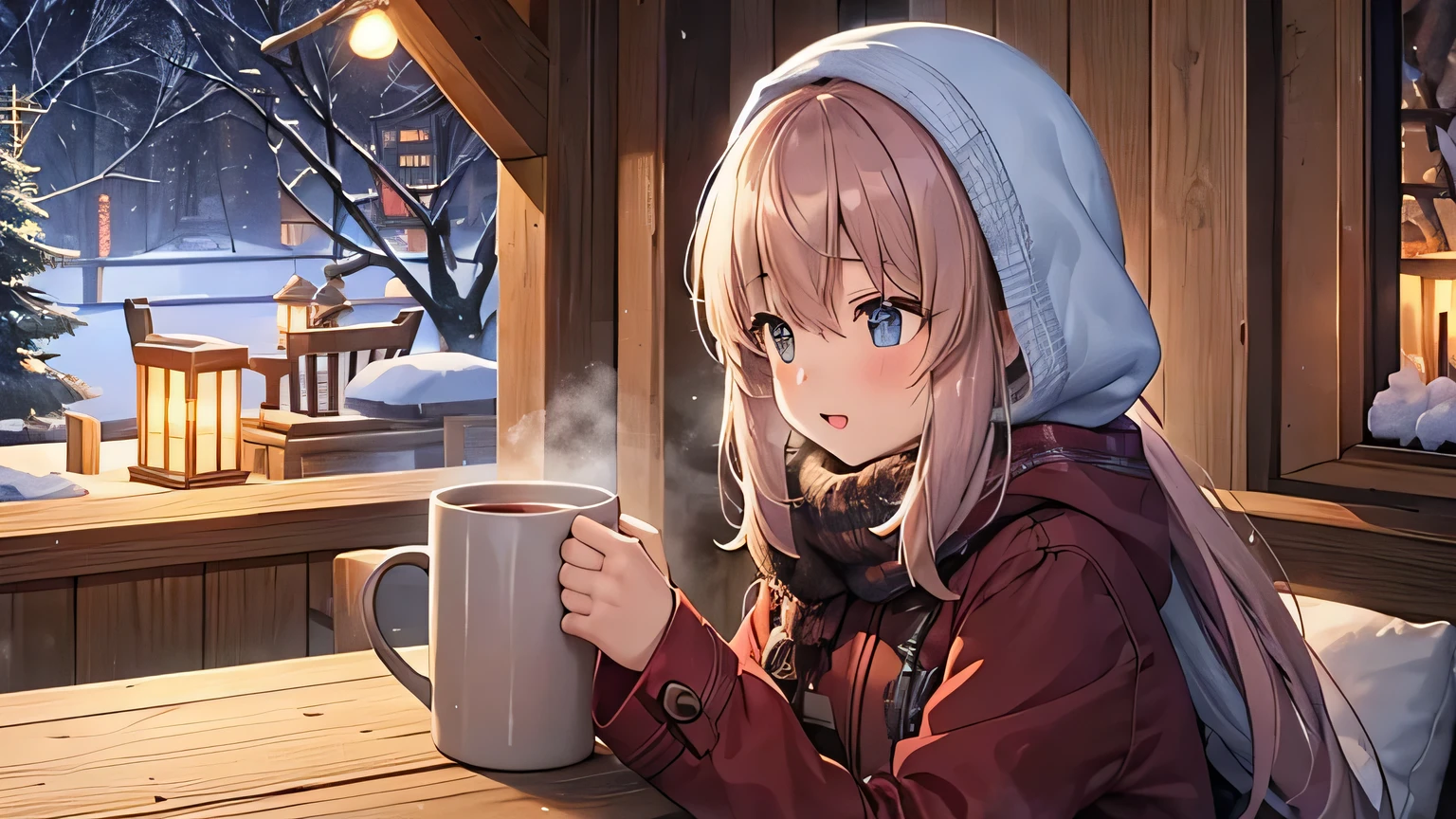 A warm and inviting scene featuring:
Two anime characters "girl and boy" bundled up in winter coats, holding mugs of hot cocoa while gazing at a snowy landscape from a cabin window.
Fairy lights and snowflakes twinkling in the background.
This evokes a sense of comfort and coziness, perfect for capturing the winter anime watching experience.