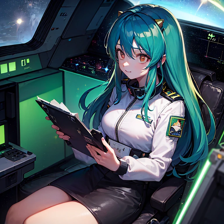 16k,(masterpiece:2),(best quality:2),(realistic),((ultra detailed)),(cinema lighting),(upper body), 2-tone green color long hair, a matured female,(large breasts),(a pilot of a space fighter:2),(((((sitting and taking the joy stick)))),((in white spacesuit)),,(smile),lum,lumlum,horns,,(((in the cockpit of a space fighter))),((((looking forward))),BREAK,(many star lights and the outer space out of the cockpit),