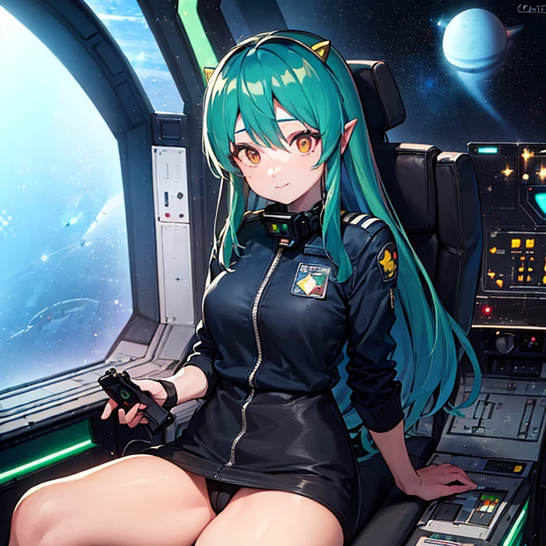 16k,(masterpiece:2),(best quality:2),(realistic),((ultra detailed)),(cinema lighting),(upper body), 2-tone green color long hair, a matured female,(large breasts),(a pilot of a space fighter:2),(((((sitting and taking the joy stick)))),((in white spacesuit)),,(smile),lum,lumlum,horns,,(((in the cockpit of a space fighter))),((((looking forward))),BREAK,(many star lights and the outer space out of the cockpit),