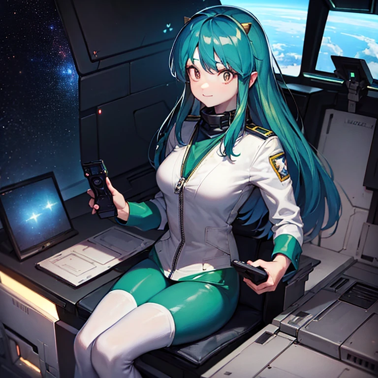 16k,(masterpiece:2),(best quality:2),(realistic),((ultra detailed)),(cinema lighting),(upper body), 2-tone green color long hair, a matured female,(large breasts),(a pilot of a space fighter:2),(((((sitting and taking the joy stick)))),((in white spacesuit)),,(smile),lum,lumlum,horns,,(((in the cockpit of a space fighter))),((((looking forward))),BREAK,(many star lights and the outer space out of the cockpit),