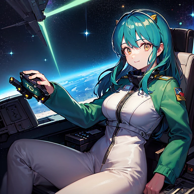 16k,(masterpiece:2),(best quality:2),(realistic),((ultra detailed)),(cinema lighting),(upper body), 2-tone green color long hair, a matured female,(large breasts),(a pilot of a space fighter:2),(((((sitting and taking the joy stick)))),((in white spacesuit)),,(smile),lum,lumlum,horns,,(((in the cockpit of a space fighter))),((((looking forward))),BREAK,(many star lights and the outer space out of the cockpit),