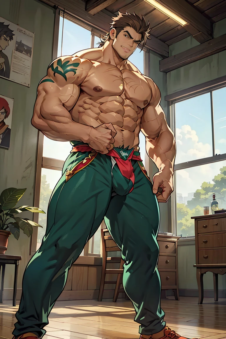 (shoeless),show off thick arms to the audience,(Dark green tattoo on arm),(beardless),(Top-down view),(Side to audience) ,(Put your hands at your waist), (eyes looking at audience) ,(body hair thick),(There a huge protuberance across the part),Side Body,Sense of evil,Sharp eyes,Thick dark brown hair on crotch,closeup of arms,((The camera zooms in)),((The audience blocked by the protagonist in a corner and the perspective slightly lower.)),(A perspective looking up from the protagonist),(crotch),(Shoulders exposed),(Stout arms),Shoulders very broad,Muscles protrude a lot,Bulging crotch,(Long and explosive legtremely tall height),Highest image quality,Child,Anime ,anime wallpaper,Dilation of the pectoral muscles,Espalhe as pernas,sexy,(master part, best quality),((Exaggerated bulge of muscles)),The protagonist very tall and his head almost reaches the ceiling.,The background in an interior with vintage furniture and vintage wooden floor surrounding,Lush woods outside the window,musclebound and hulking, muscular characters, super buff and cool, tall and muscular, muscular!!, very buff, muscular attractive men, massive muscles, big muscle, Muscular men, anime handsome men, muscular!, gigachad muscles, muscular bodies, muscular character,(Giant arm),(macropodia)